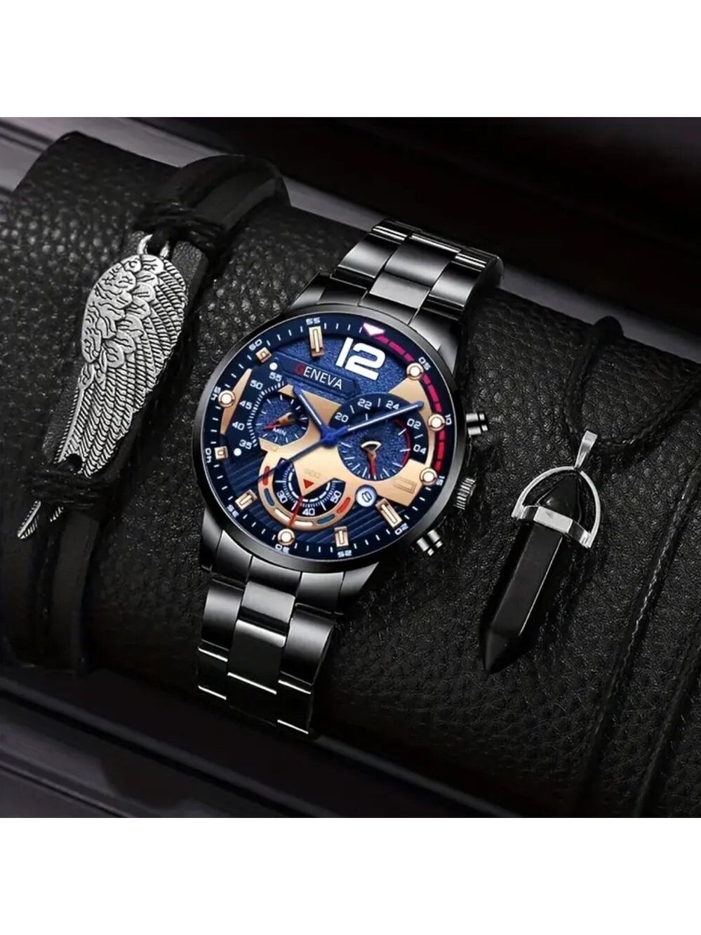 Geneva Men’s Stainless Steel Watch + Bracelet + Necklace Set